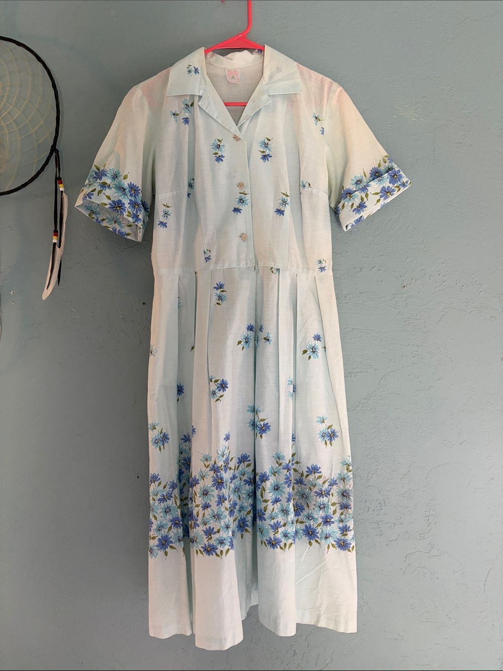 Vintage 1940’s Pastel blue Floral Button-Front Dress with Blue Flower Border